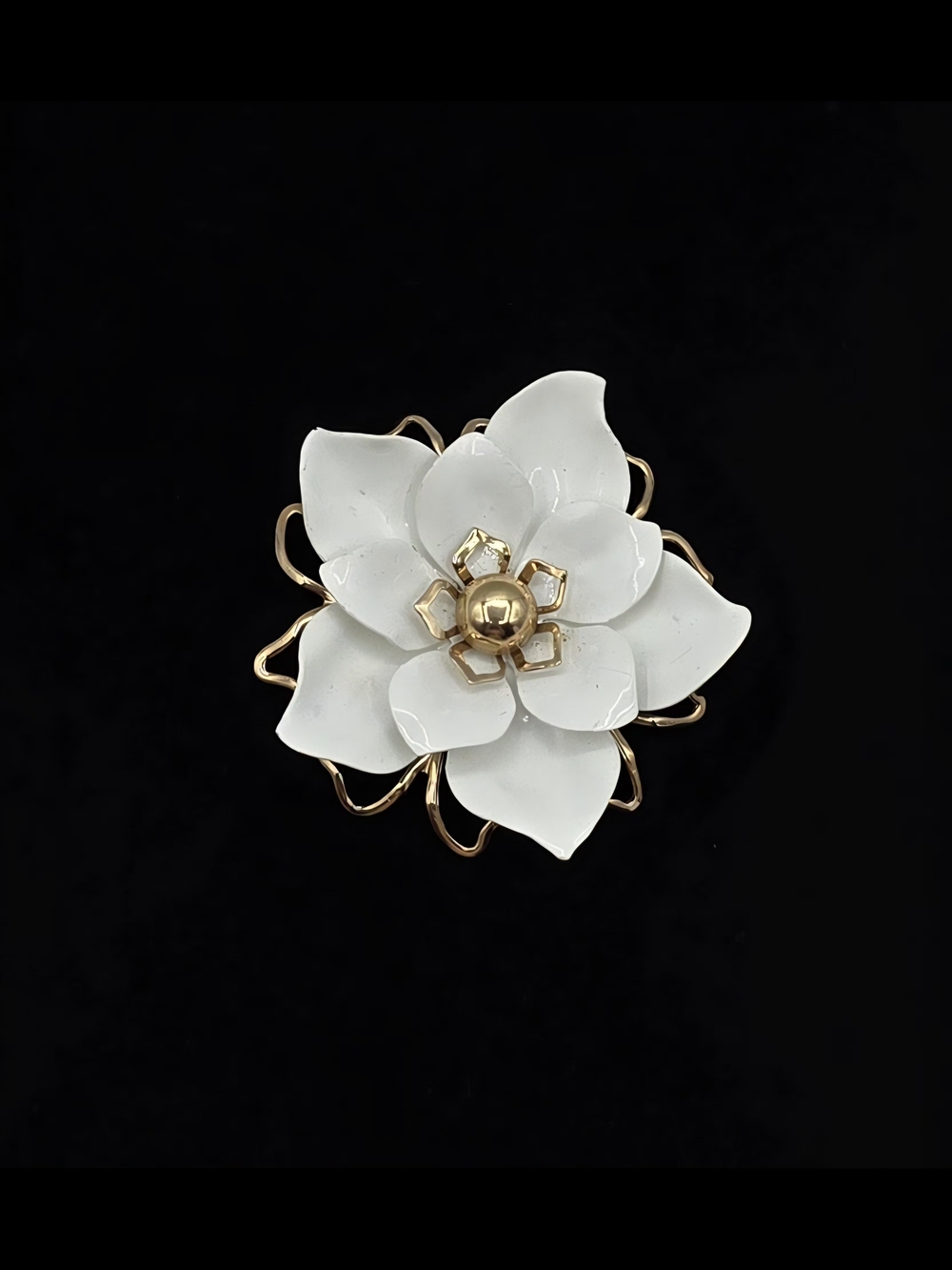 Emmons White Enamel Magnola Floral Brooch with Gold Accents